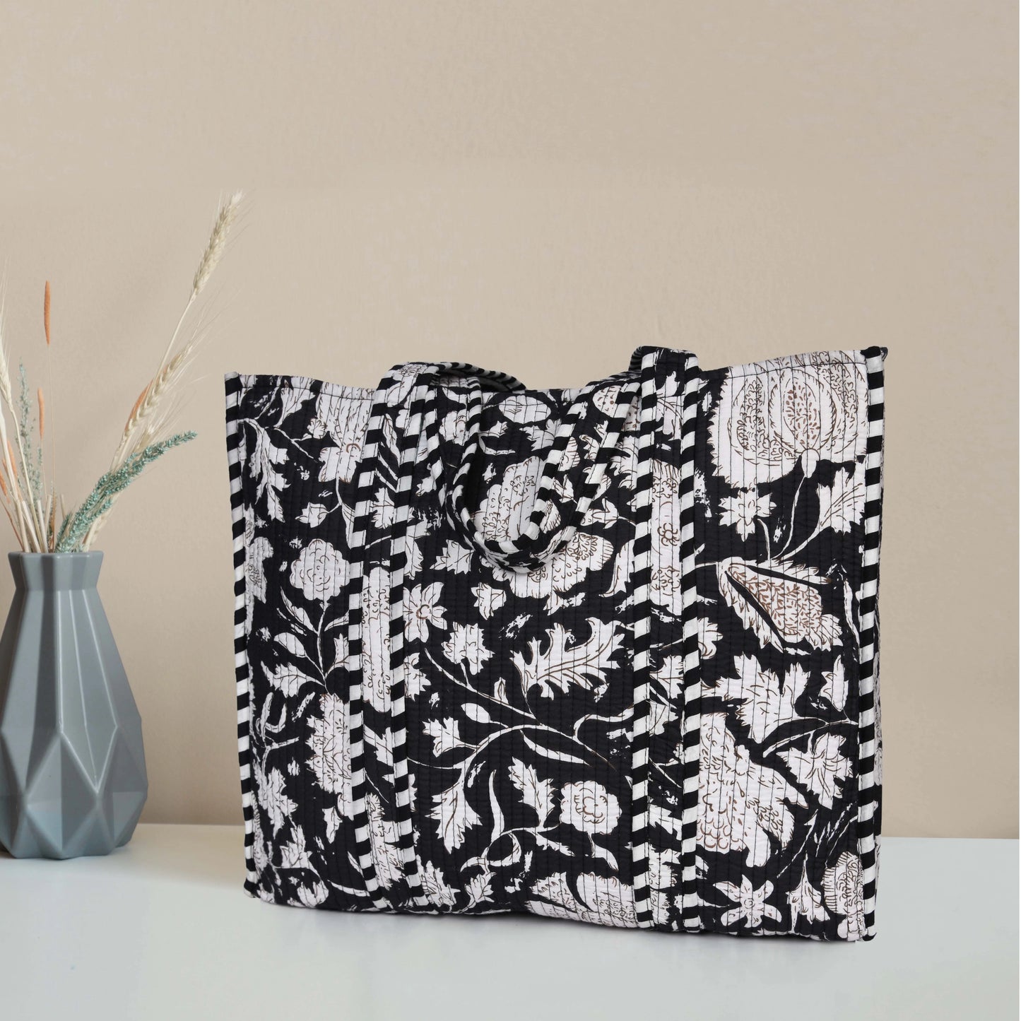 Quilted Cotton Tote Bags - Black white