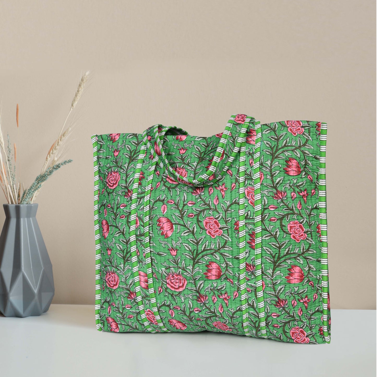 Quilted Cotton Tote Bags - Green Floral