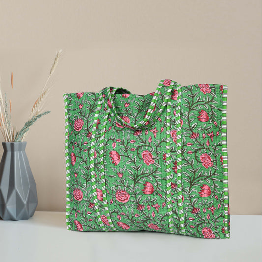 Quilted Cotton Tote Bags - Green Floral