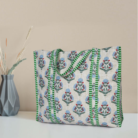 Quilted Cotton Tote Bags - Green Floral