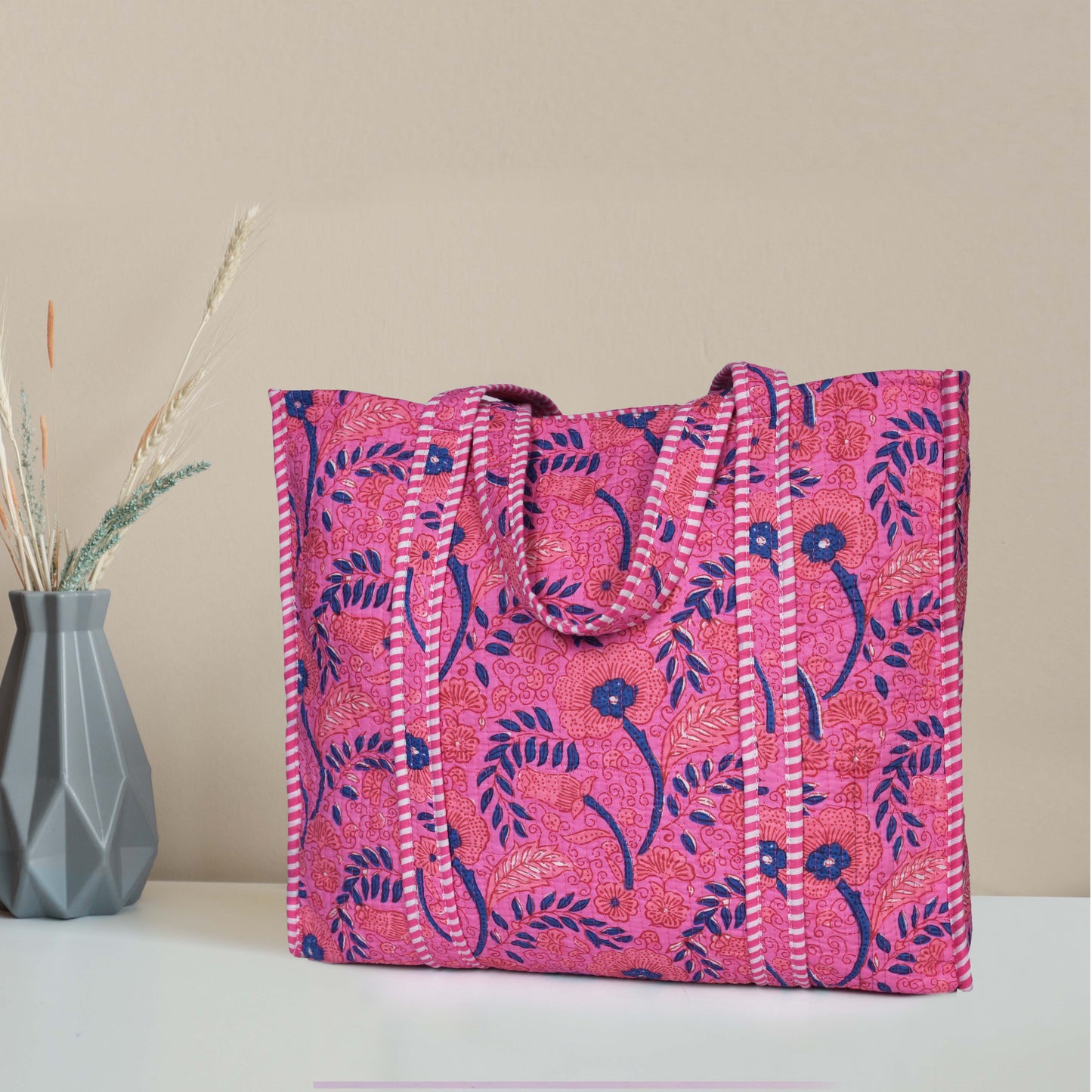 Quilted Cotton Tote Bags - Pink