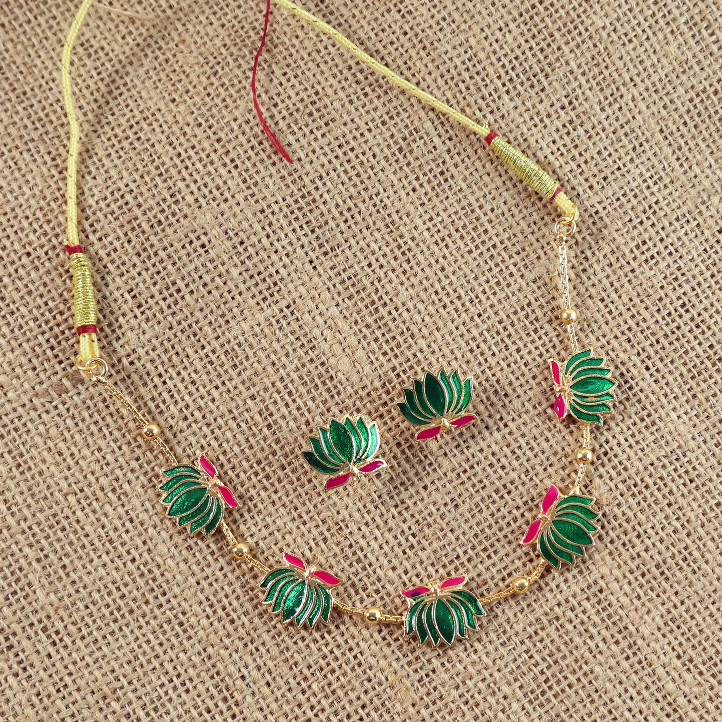 Traditional Green  Lotus Motif Jewellery Set