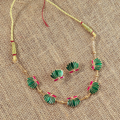 Traditional Green  Lotus Motif Jewellery Set