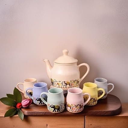 MITHILA HANDICRAFTS Pure Ceramic Pastel Flask Microwave Safe Tea Cups with Kettle Morning Set Ideal for Friends, Anniversary, Valentine Day, Birthday/1 Kettle + 6 Tea Cups (Multicolor)