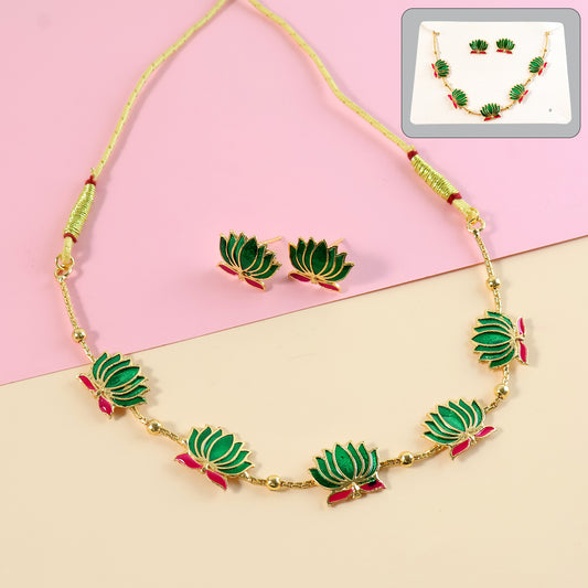 Traditional Green  Lotus Motif Jewellery Set