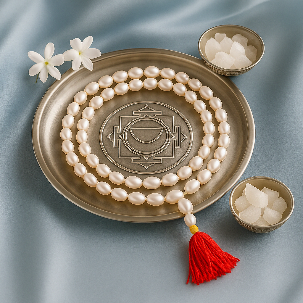 Moti Mala – 108 Beads | Natural White Pearls for Peace & Emotional Balance
