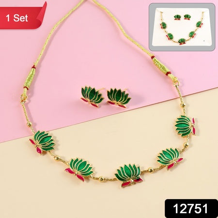 Traditional Green  Lotus Motif Jewellery Set