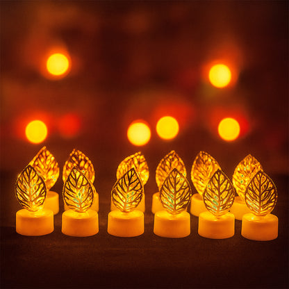 Decorative Golden Leaf Shaped Flameless Led Candles (12 Pc)