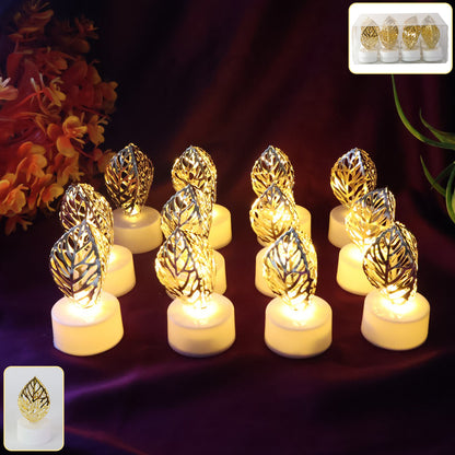 Decorative Golden Leaf Shaped Flameless Led Candles (12 Pc)