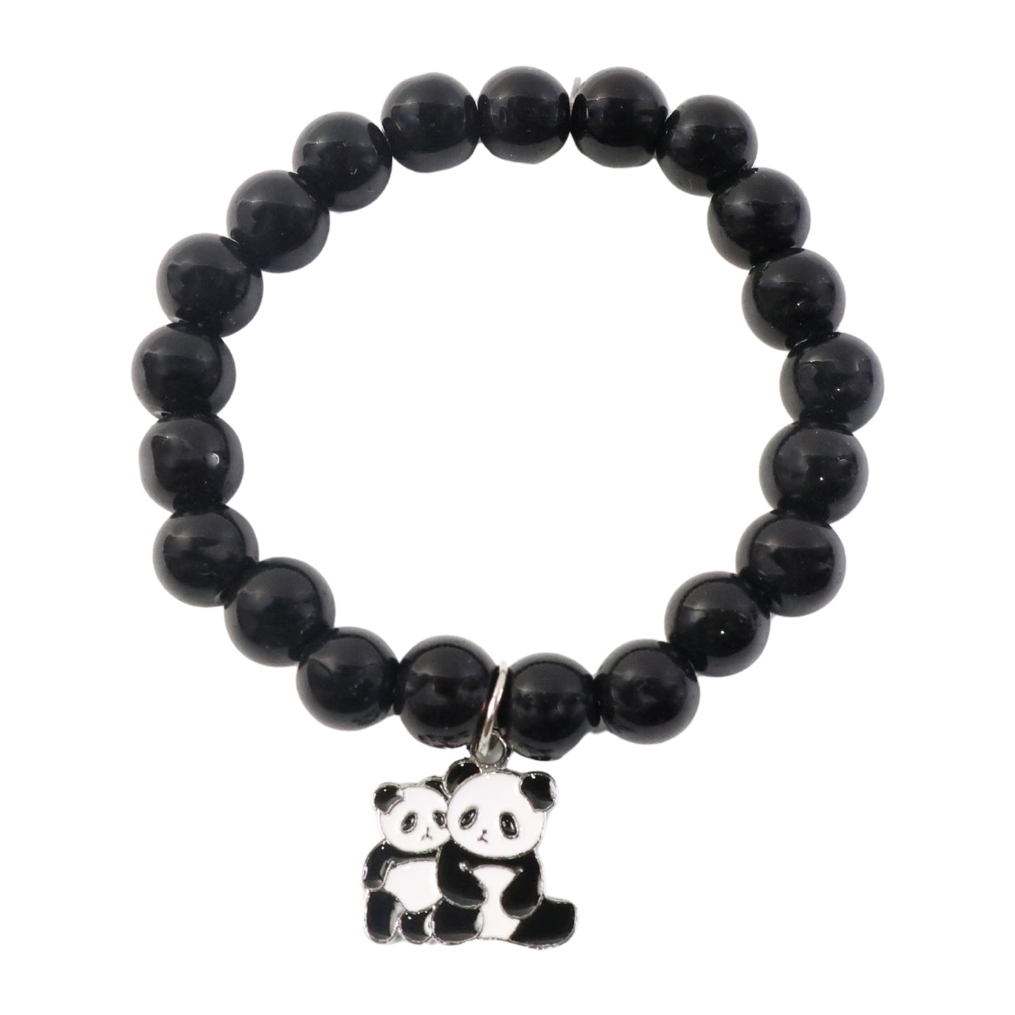 Premium Black Beaded Stretch Bracelet With Cute Panda Charm (1 Pc)