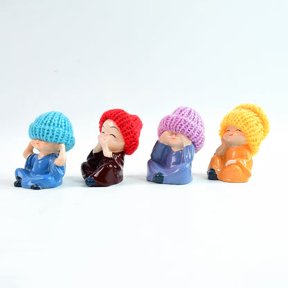 Decorative Resin Monk Buddha Showpiece Set Of 4 With Traditional Straw Hats