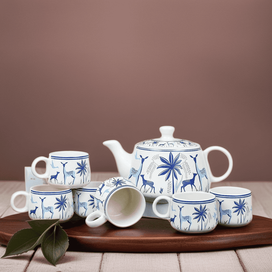 Ceramic Glossy Painted 6 Coffee Tea Cups and 1 Kettle Combo Pack Set of 7 Pcs