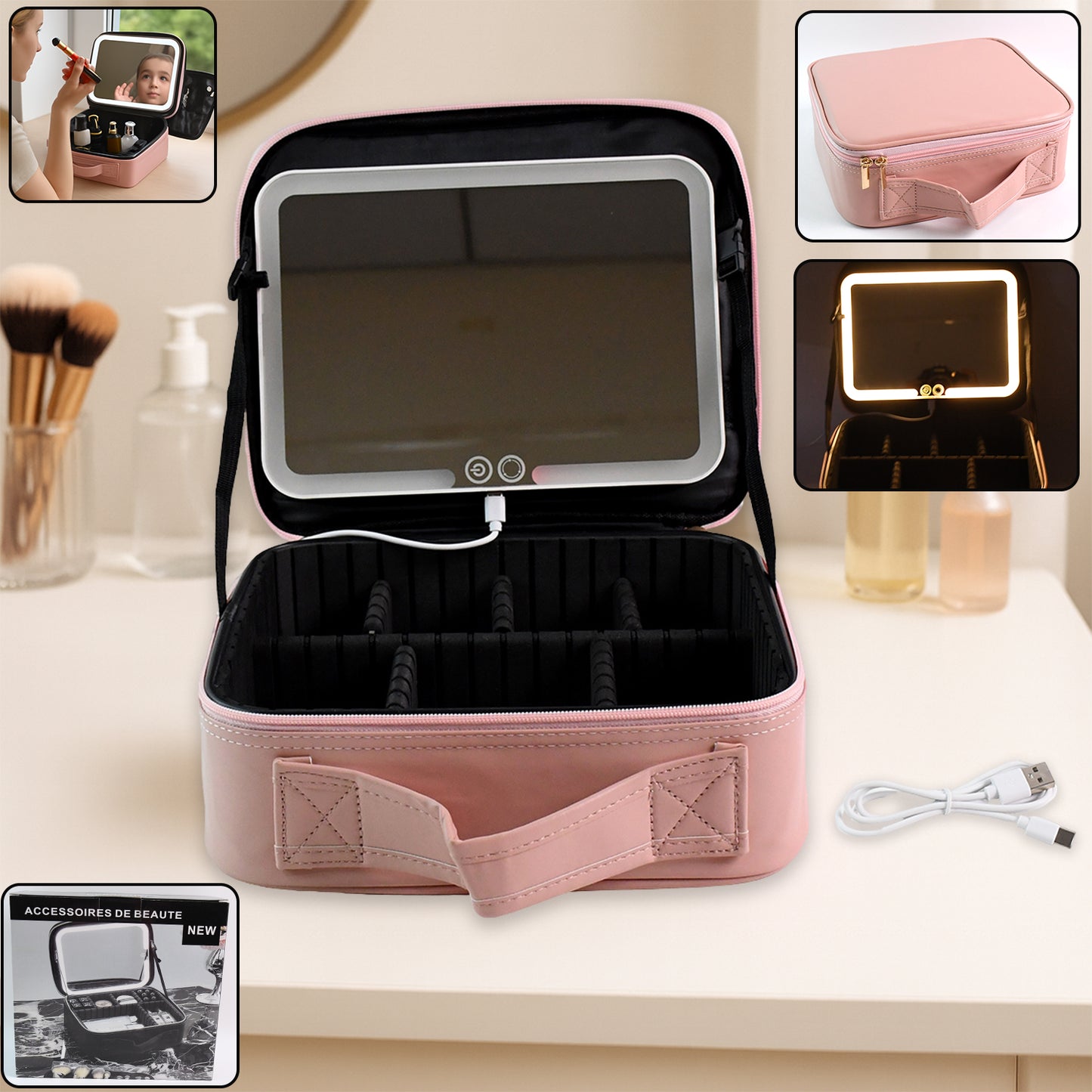 Pink Premium Led Light Makeup Organizer Box (1 Pc)