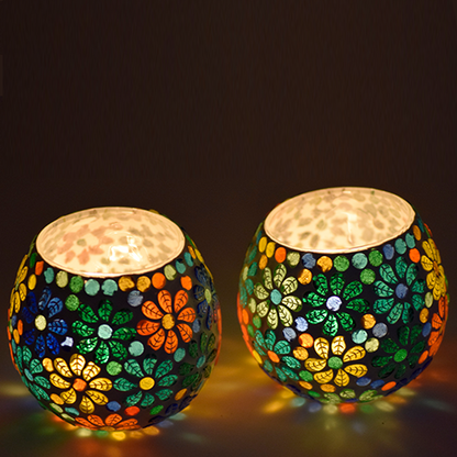 Mosaic Glass Votive Light — Set of 2 Mosaic Glass Votive Tealight Candle Holders Large- Diwali Decoration Items for Diwali Decoration Items for Home Living Room