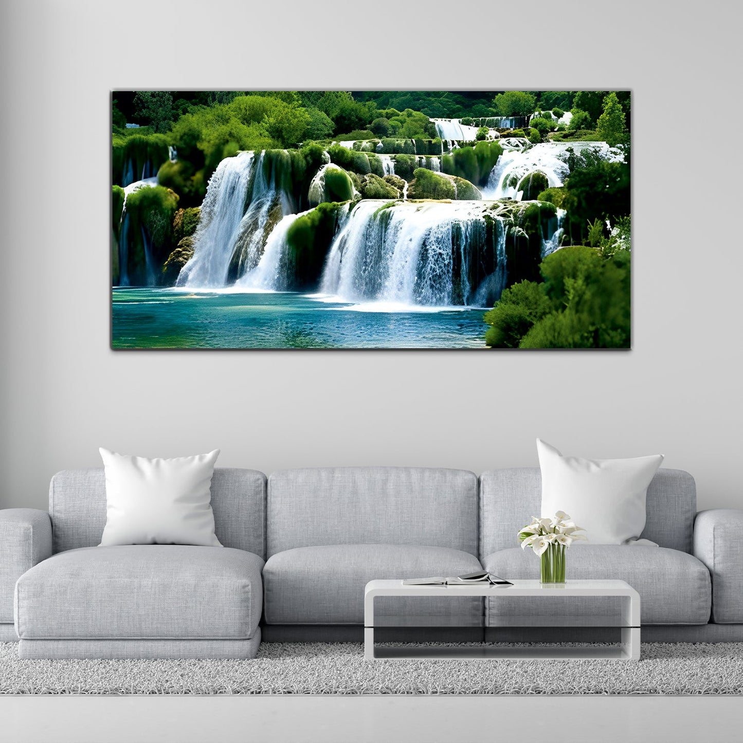 Waterfall Nature Green-White Canvas Wall Painting