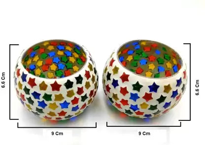 AstroShri Set Of 2 Mosaic Glass Tea Light Votive Candle Holder With Tea Light Candles For Living Rooms, Table, Home Décor Indoor Outdoor Decorations (Multicolored) Made In India Glass 2 - Cup Tealight Holder  (Multicolor, Pack of 2)
