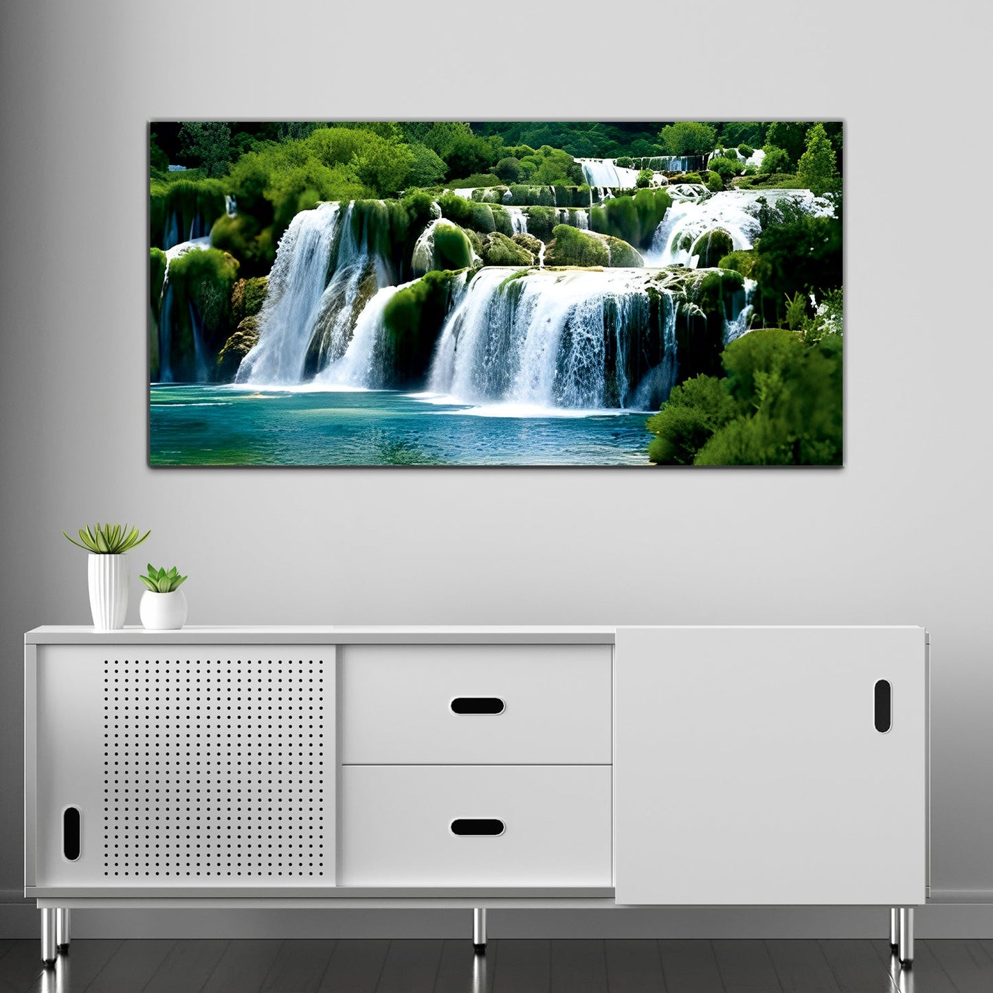 Waterfall Nature Green-White Canvas Wall Painting