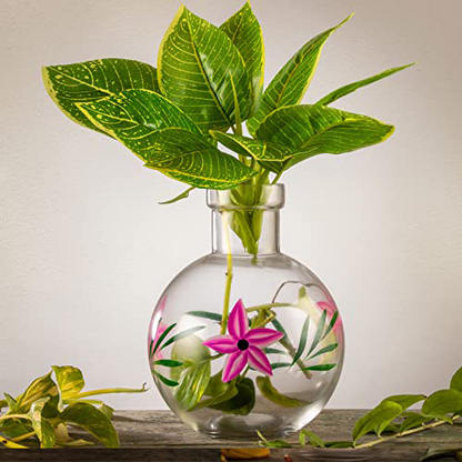 Round Flower Set of 2 Glass Vase 20X16 Cm Elegant Flower Designed Vase For Money Plant, Lucky Bamboo Plant