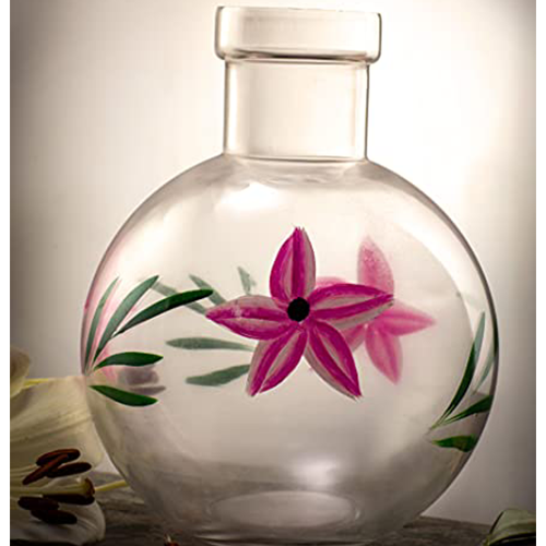 Round Flower Glass Vase 20X16 Cm Elegant Flower Designed Vase For Money Plant, Lucky Bamboo Plant