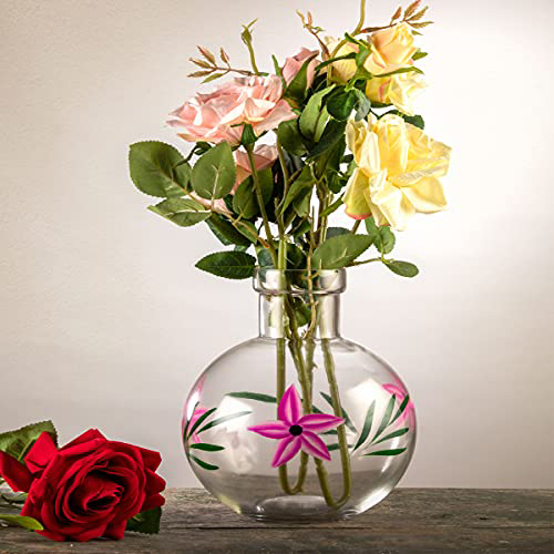 Round Flower Glass Vase 20X16 Cm Elegant Flower Designed Vase For Money Plant, Lucky Bamboo Plant