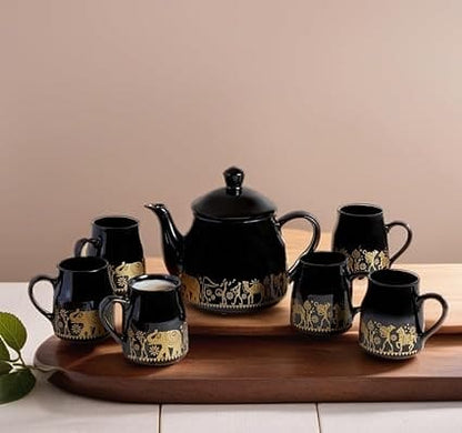 HANDICRAFTS Hand-Painted Ceramic Tea Cup Set with Kettle Set of 7 | 6 Coffee Tea Cups | 1 Kettle (Black)