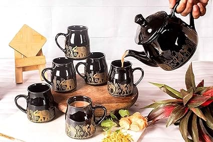 HANDICRAFTS Hand-Painted Ceramic Tea Cup Set with Kettle Set of 7 | 6 Coffee Tea Cups | 1 Kettle (Black)